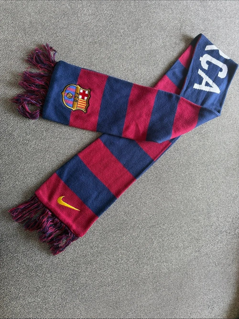 Nike FC Barcelona Soccer Blue, Maroon & Yellow 'BARCA' Fan Scarf